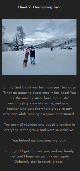 Hiwot Woman snowboarding with testimony